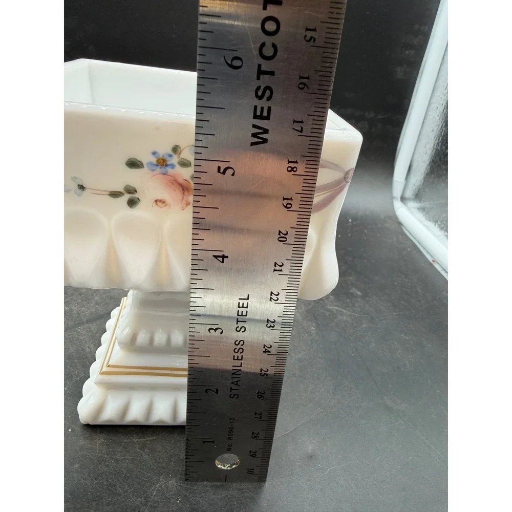 Vintage Milk Glass Pedestal Planter Square Hand Painted Floral Roses Sawtooth